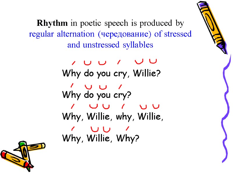 Rhythm in poetic speech is produced by regular alternation (чередование) of stressed and unstressed